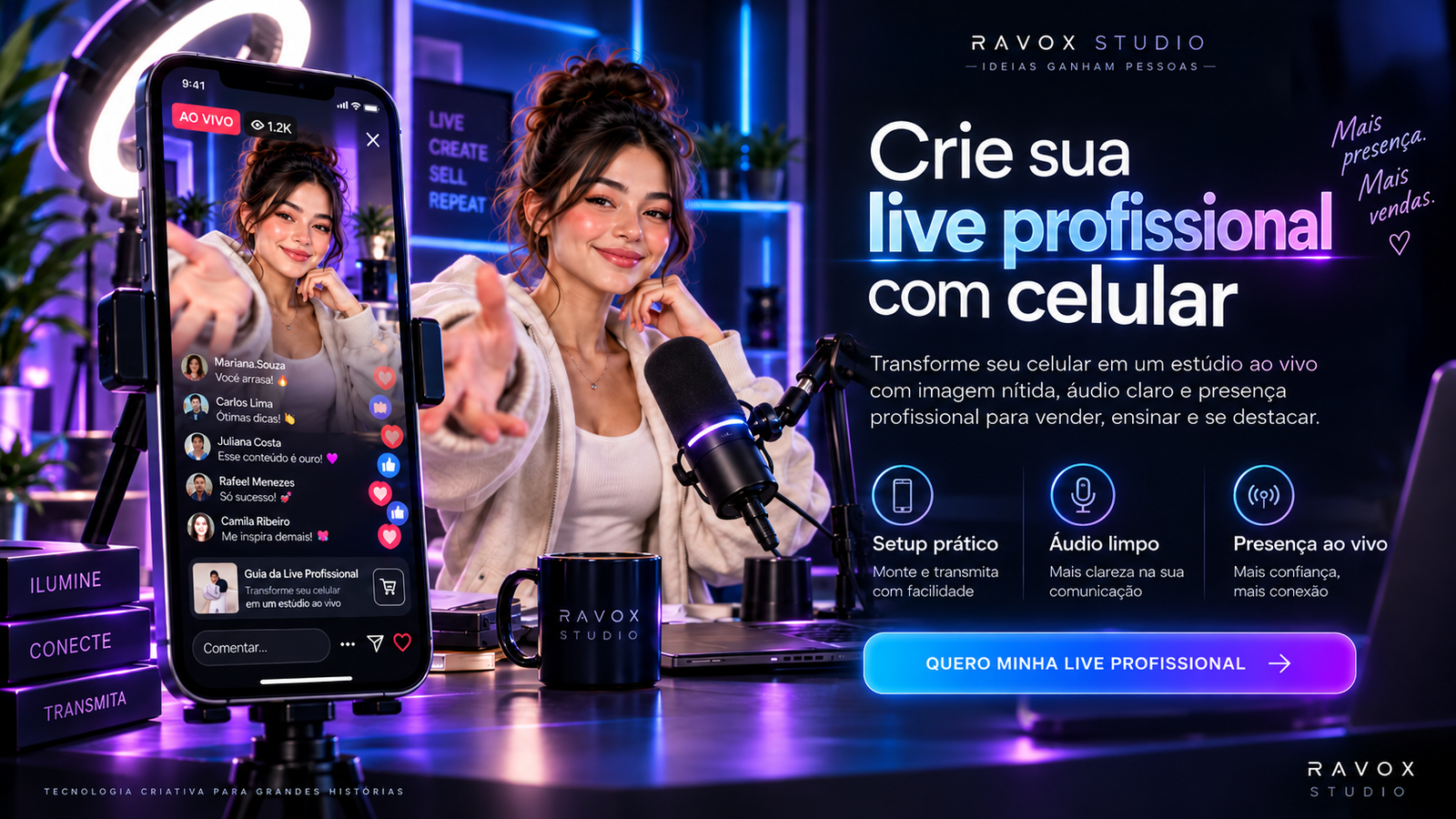 Ravox Studio — Crie sua live profissional com celular. Setup prático, áudio limpo e presença ao vivo.